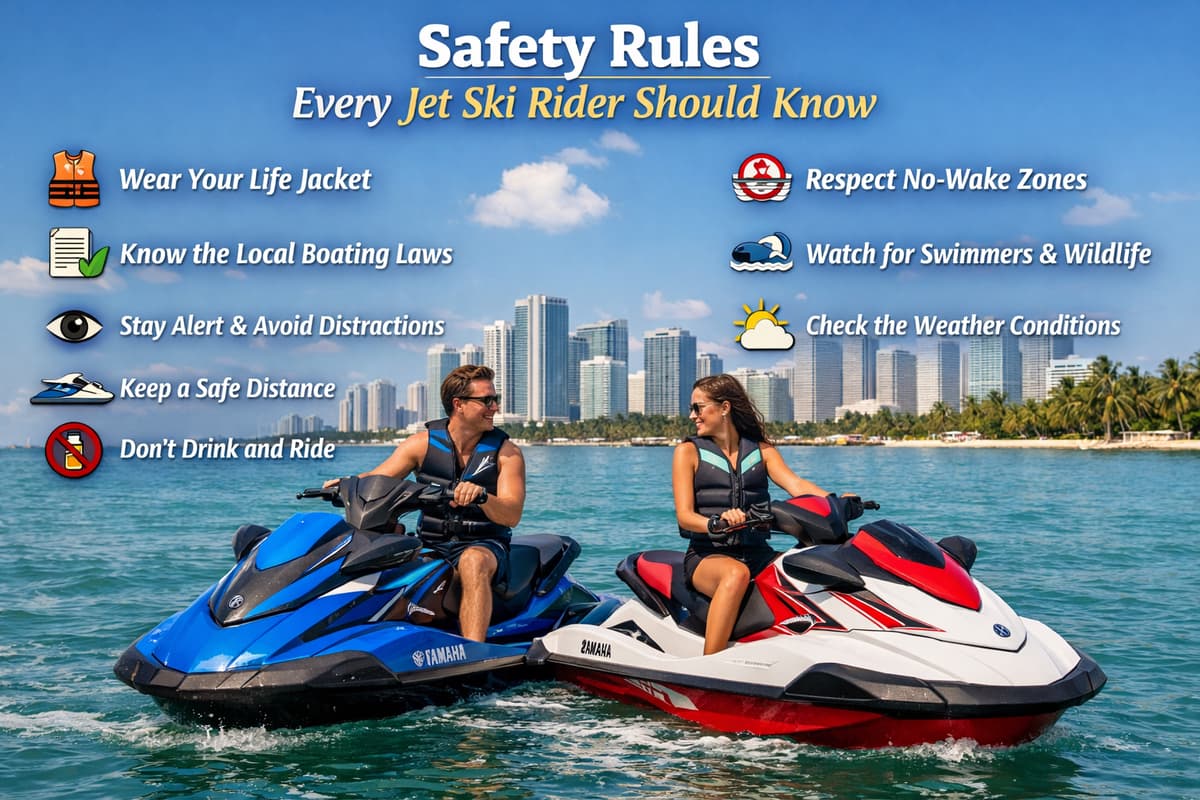 Rider on a Yamaha jet ski in Biscayne Bay with the Miami skyline in the background