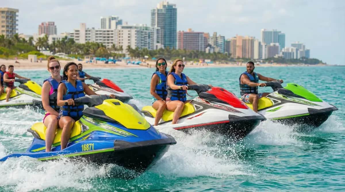 Jet ski rider on Biscayne Bay with Miami skyline