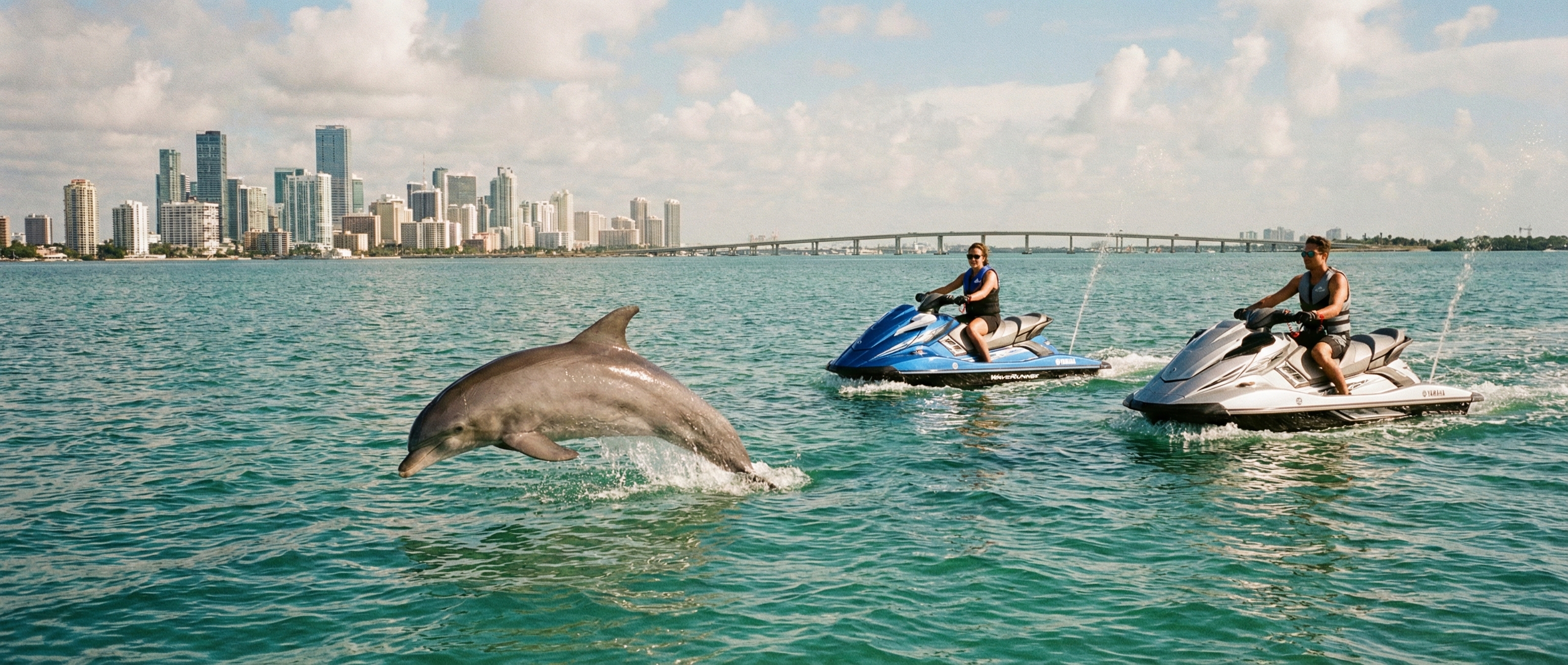Dolphin pod swimming near jet ski riders in Biscayne Bay waters