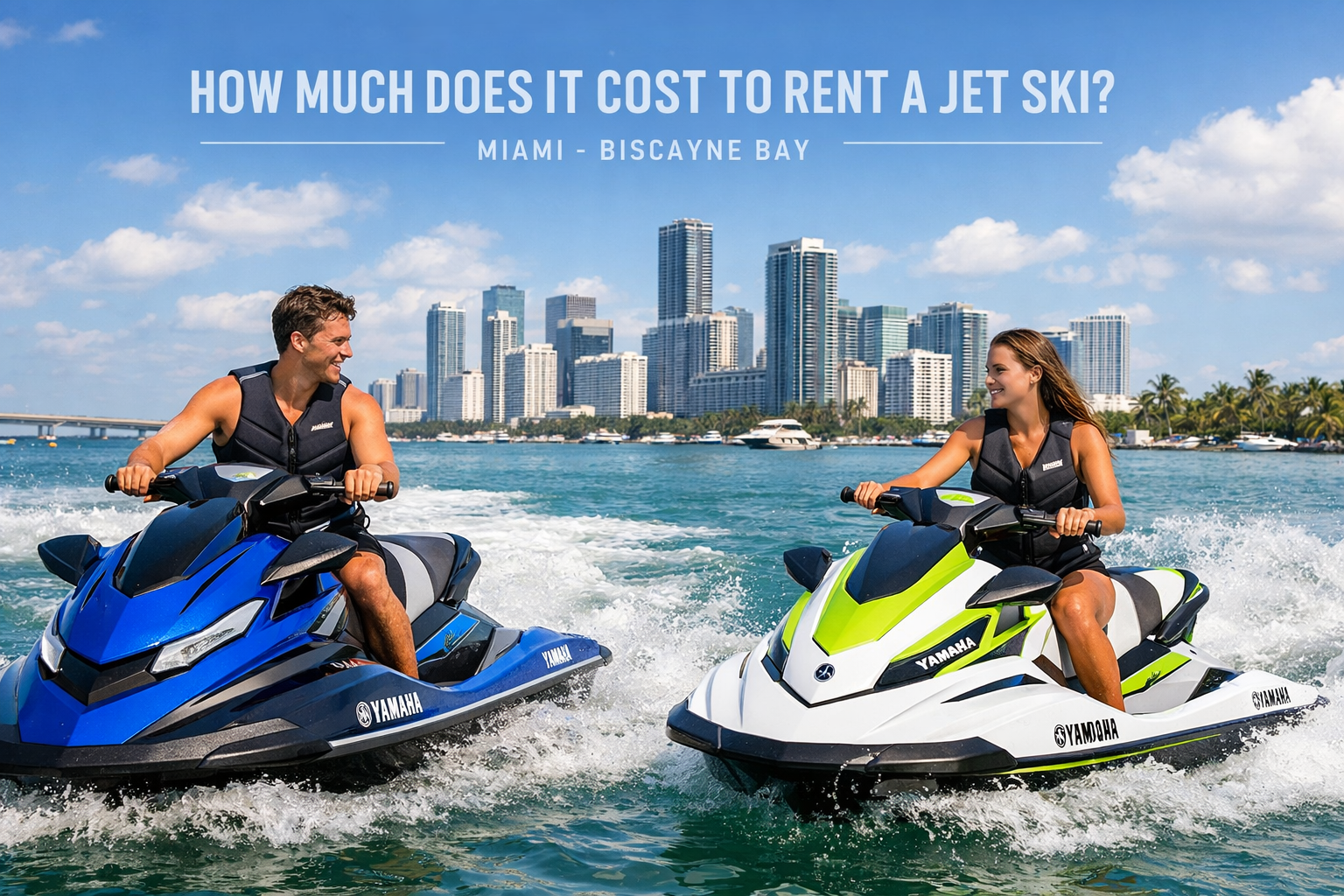 Miami Biscayne Bay, 2024 Yamaha jet skis, no helmets, professional photography style