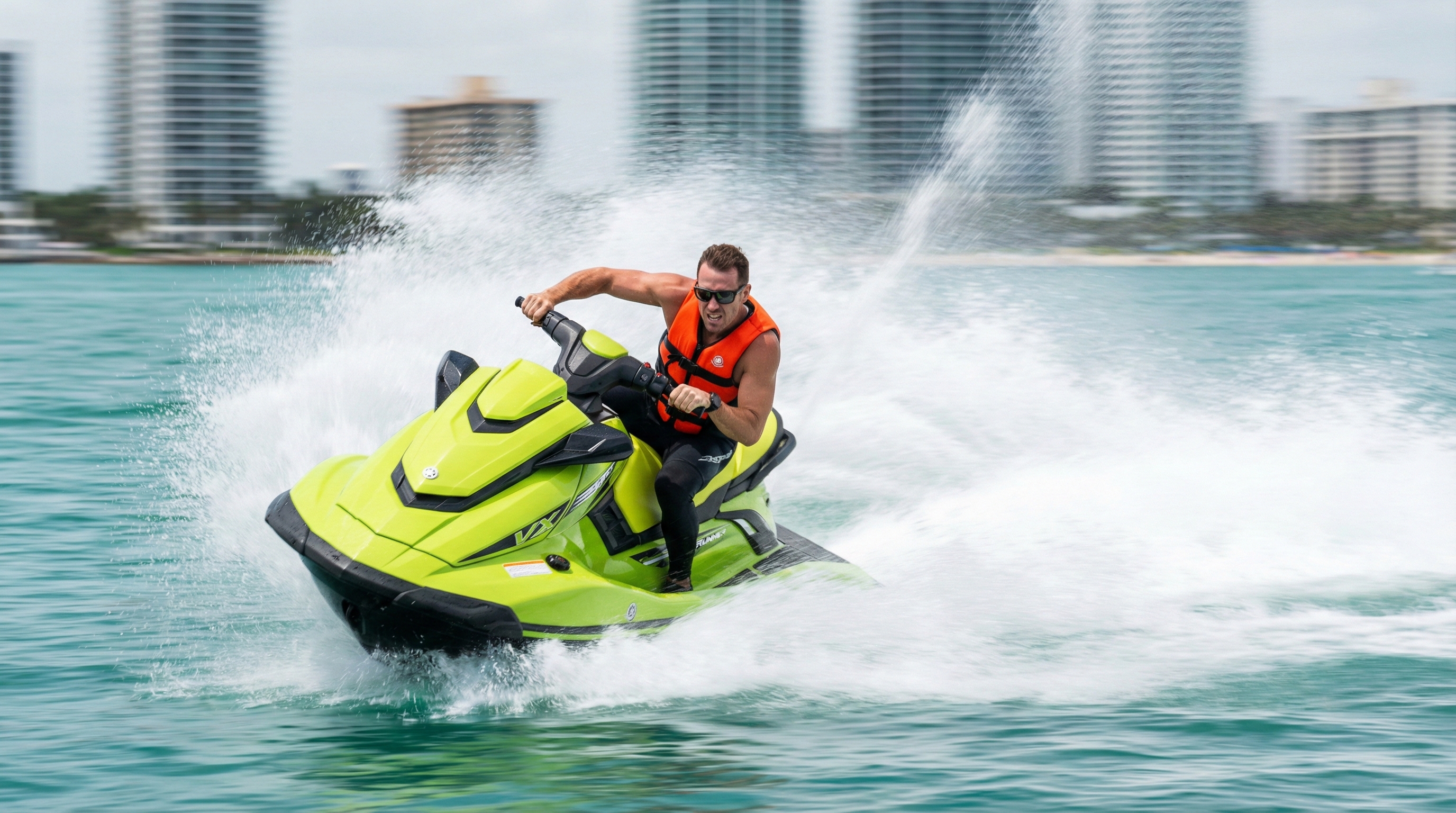 Funwaves Watersports Jet Ski Rental Near Me - Lime green WaveRunner Miami Beach Biscayne Bay high-speed ride