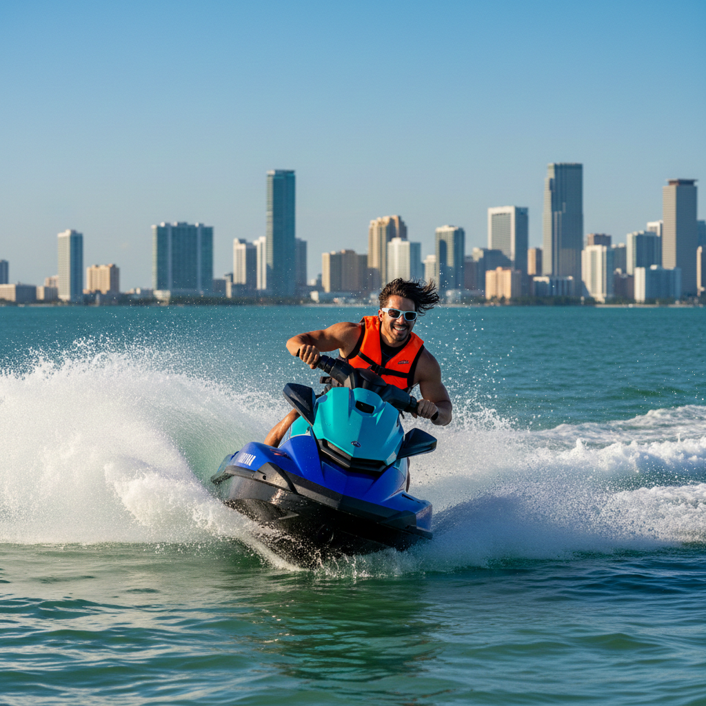 Miami Beach Jet Ski Rental Near Me - Funwaves blue WaveRunner extreme water sports Biscayne Bay